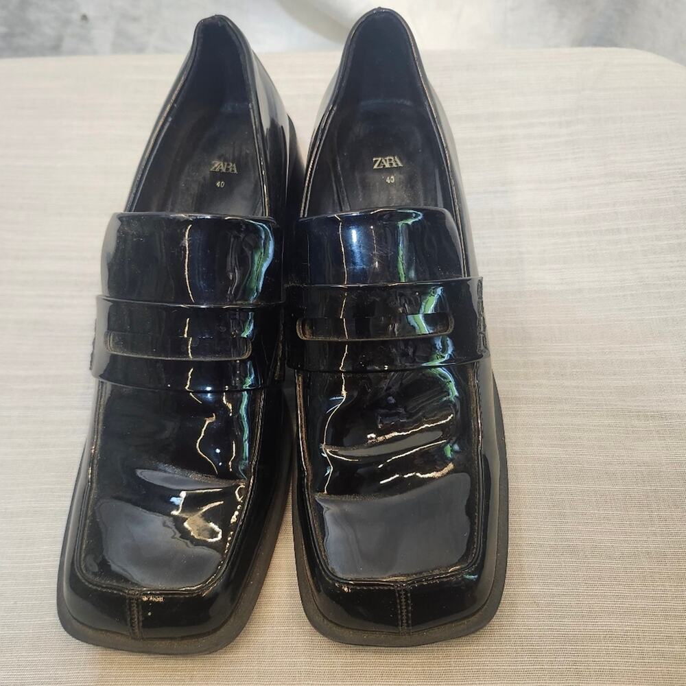 Zara Patent Black Leather Sz 9 Chunky Heal Penny Loafer Goth Collegiate